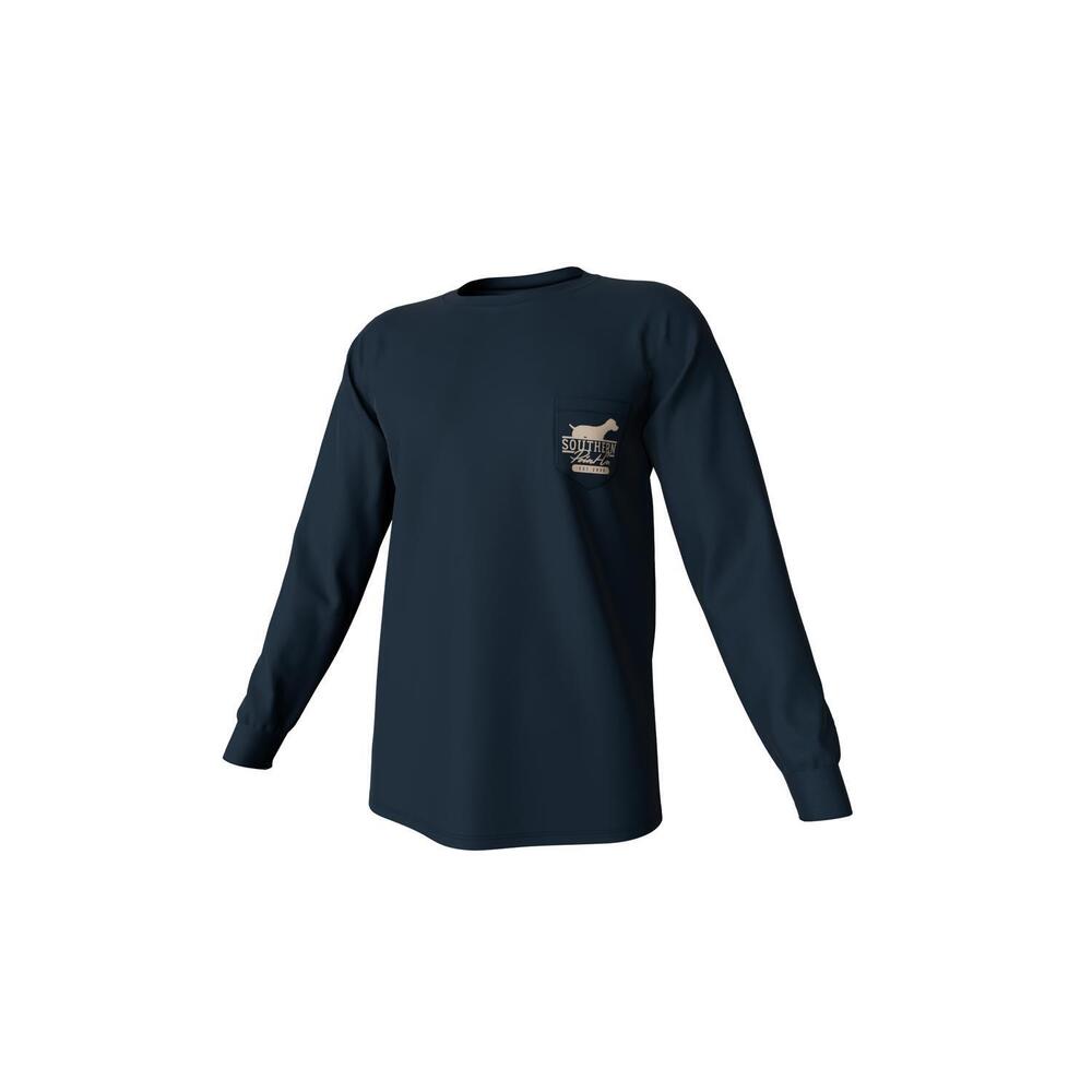 NEW SOUTHERN POINT CO. men's silhouette shield long sleeve pocket tee in blue